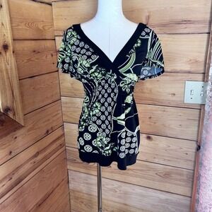 Vintage Babydoll Top Women Small Black Green Geo Floral Empire Waist Agenda Y2K